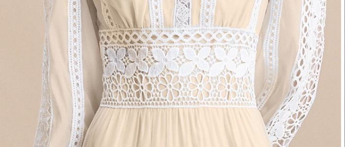 Pinched waist big skirt V-neck long sleeve hollow dress