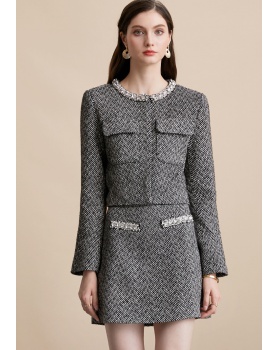 High waist chanelstyle skirt gray France style jacket 2pcs set