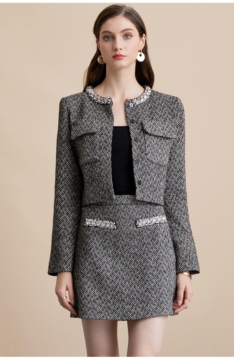 High waist chanelstyle skirt gray France style jacket 2pcs set