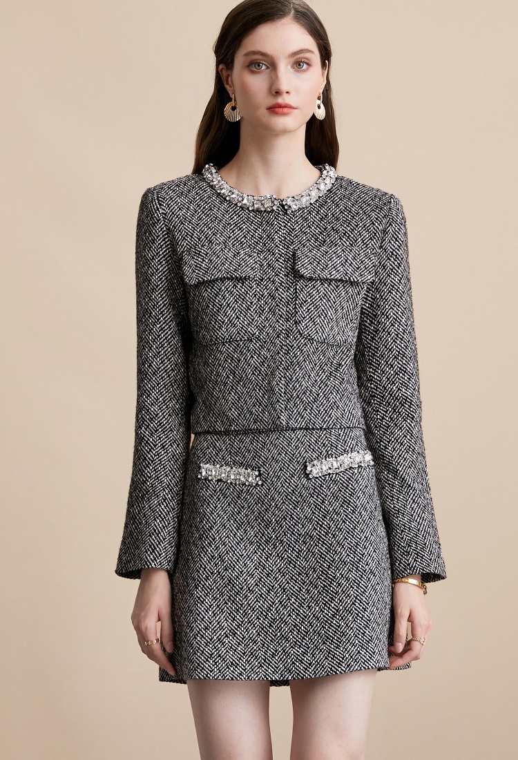 High waist chanelstyle skirt gray France style jacket 2pcs set