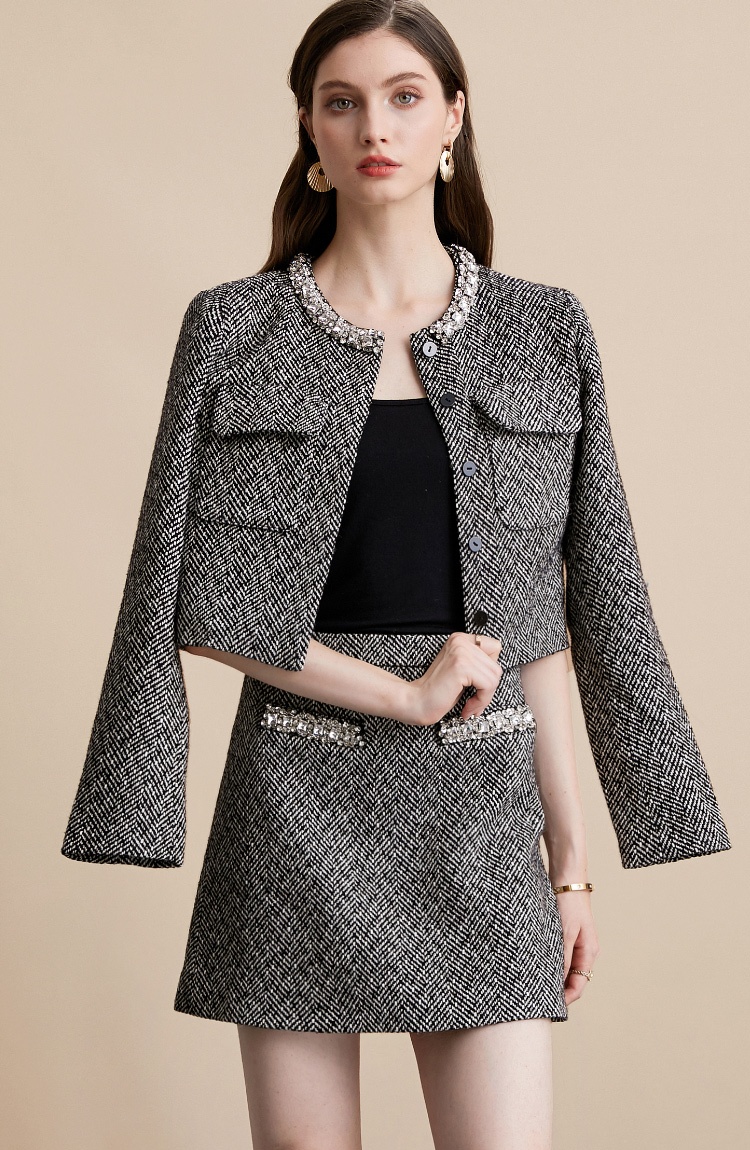 High waist chanelstyle skirt gray France style jacket 2pcs set