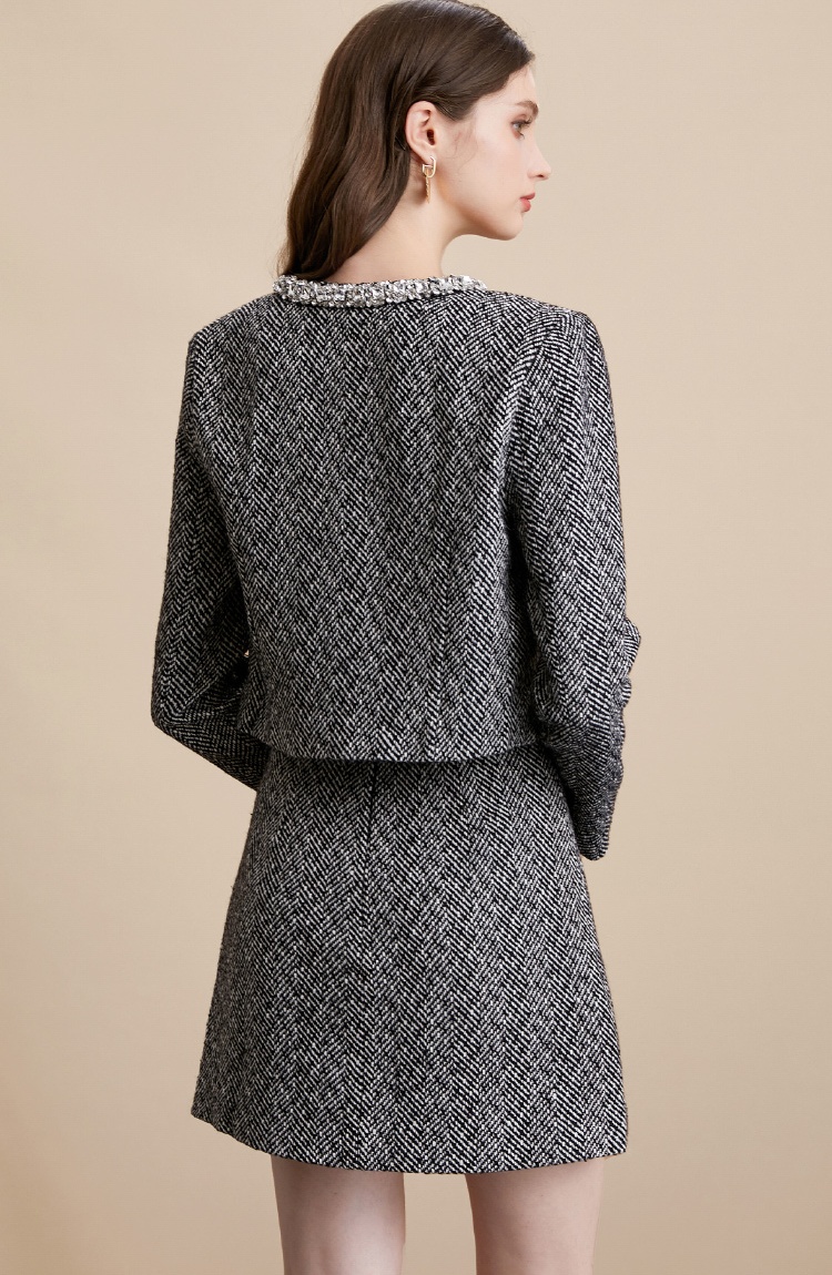 High waist chanelstyle skirt gray France style jacket 2pcs set