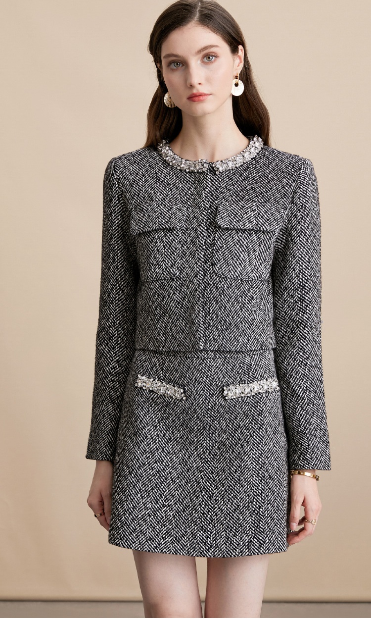High waist chanelstyle skirt gray France style jacket 2pcs set