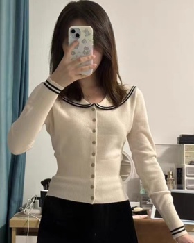 Knitted navy collar coat slim lapel cardigan for women