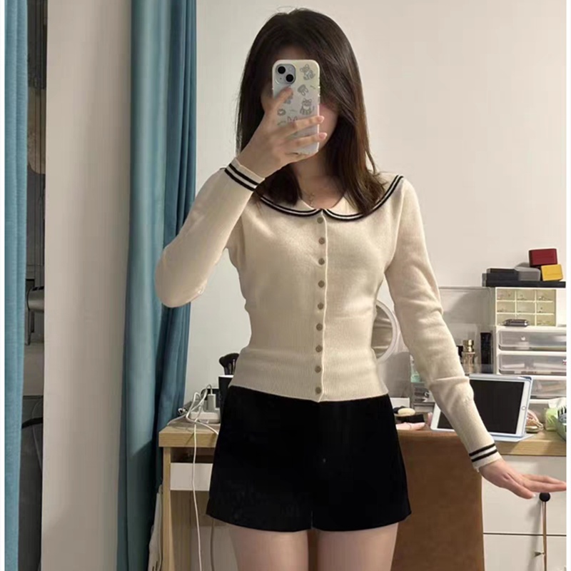 Knitted navy collar coat slim lapel cardigan for women