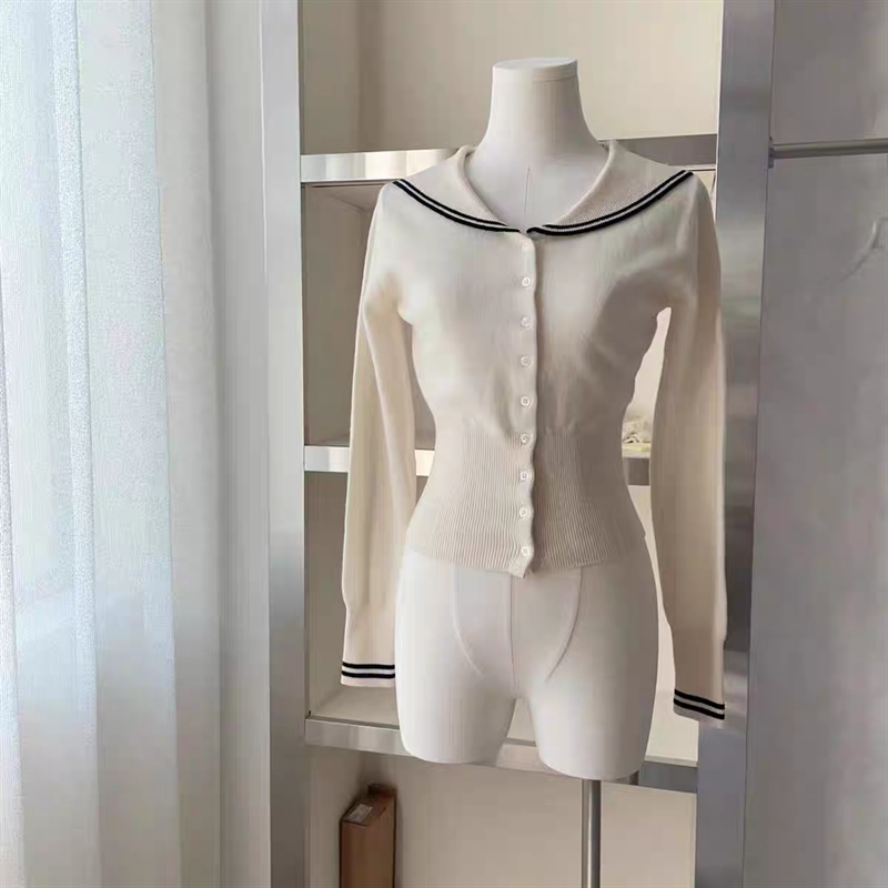Knitted navy collar coat slim lapel cardigan for women