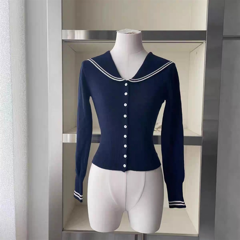 Knitted navy collar coat slim lapel cardigan for women