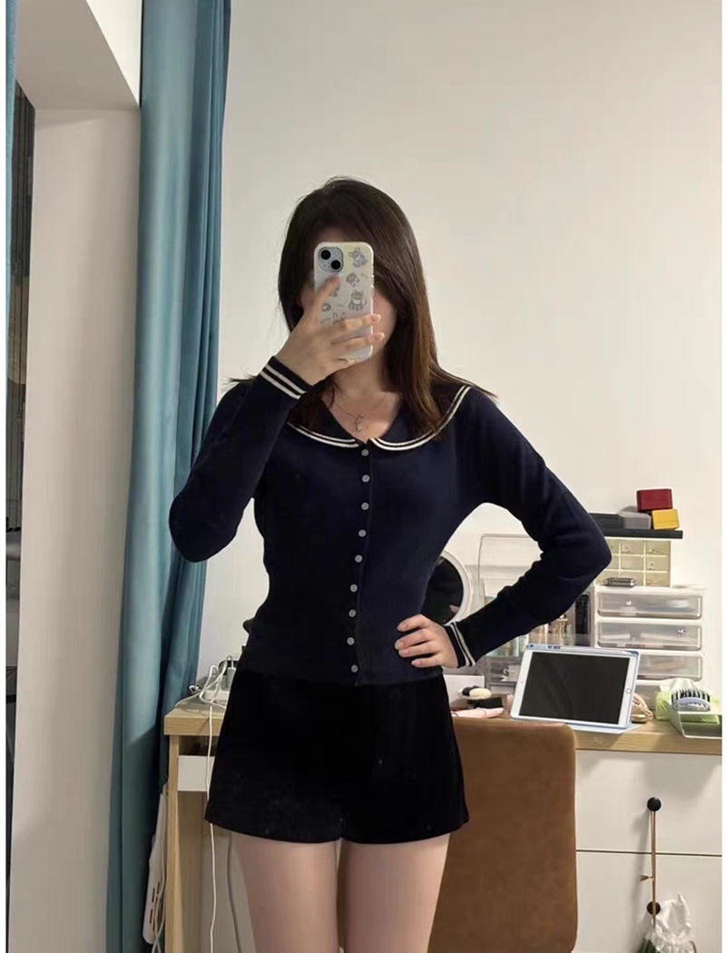 Knitted navy collar coat slim lapel cardigan for women