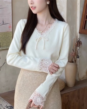 Bow lace tops spring and autumn V-neck sweater for women