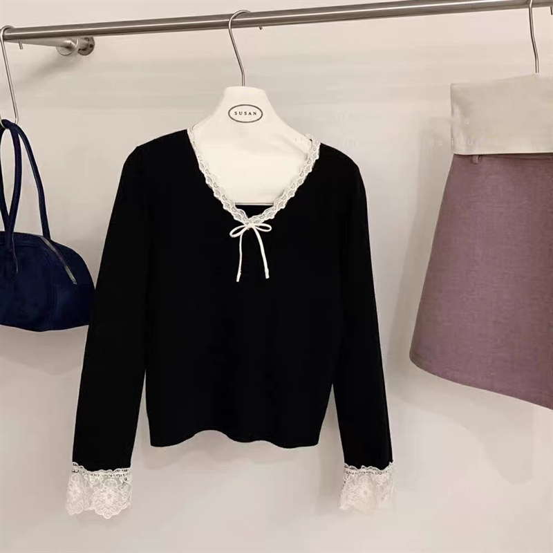 Bow lace tops spring and autumn V-neck sweater for women
