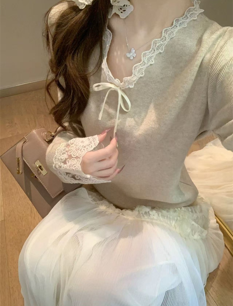 Bow lace tops spring and autumn V-neck sweater for women