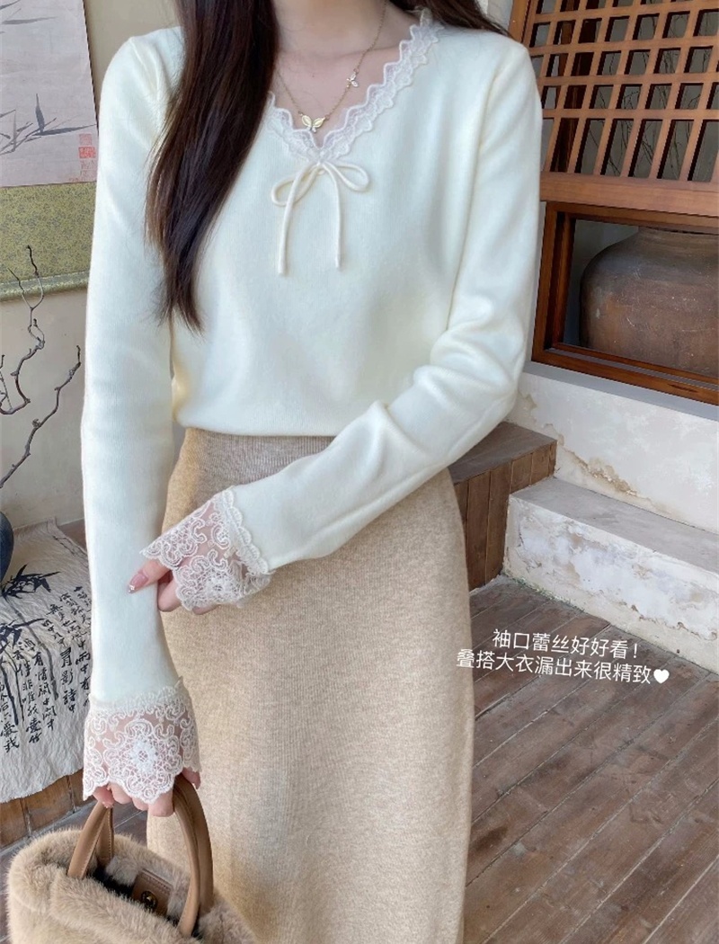 Bow lace tops spring and autumn V-neck sweater for women