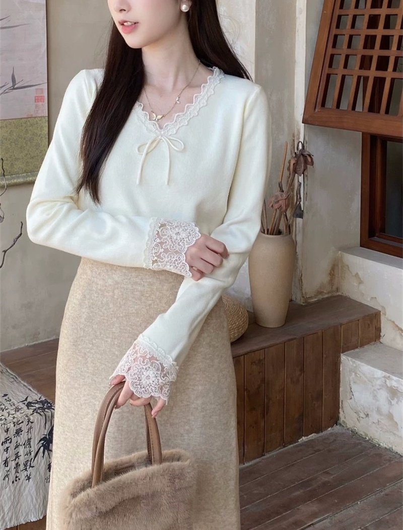Bow lace tops spring and autumn V-neck sweater for women