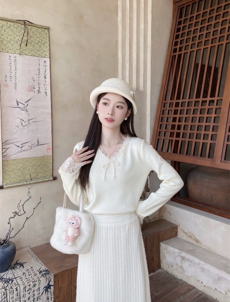 Bow lace tops spring and autumn V-neck sweater for women