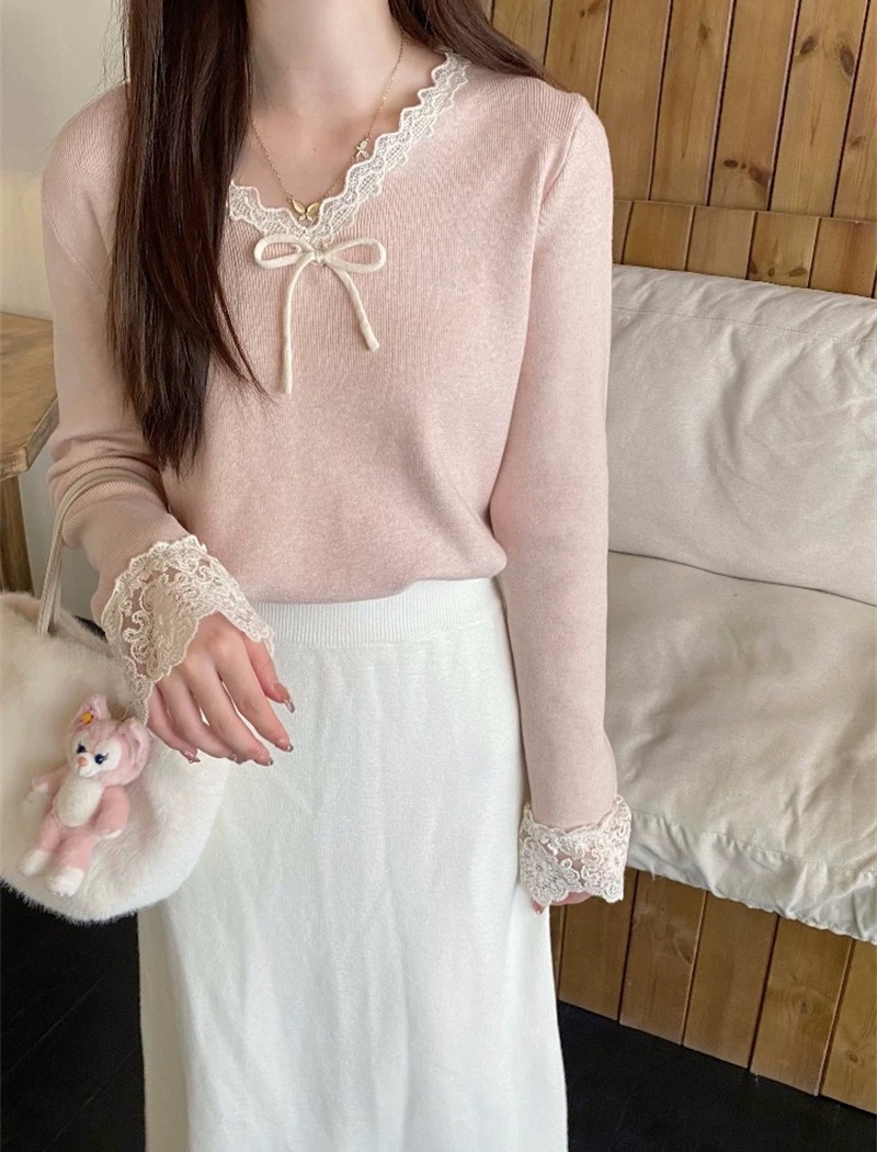 Bow lace tops spring and autumn V-neck sweater for women