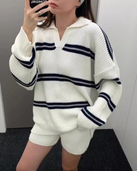Retro stripe tops thick loose sweater 2pcs set