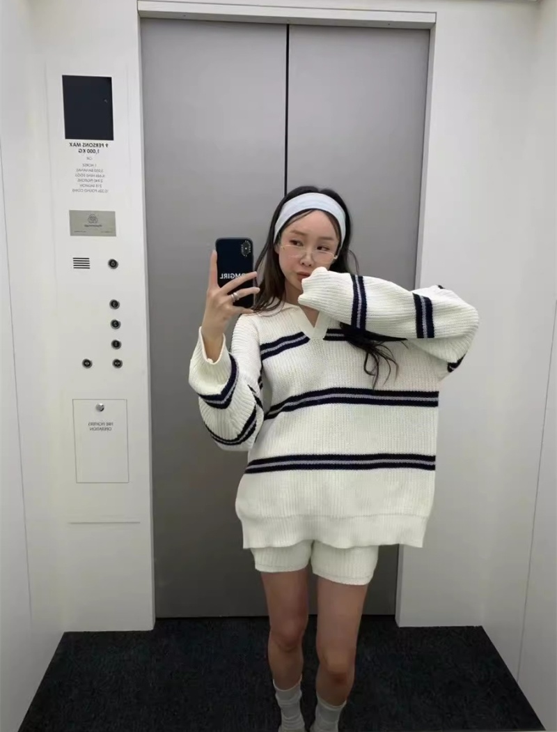 Retro stripe tops thick loose sweater 2pcs set