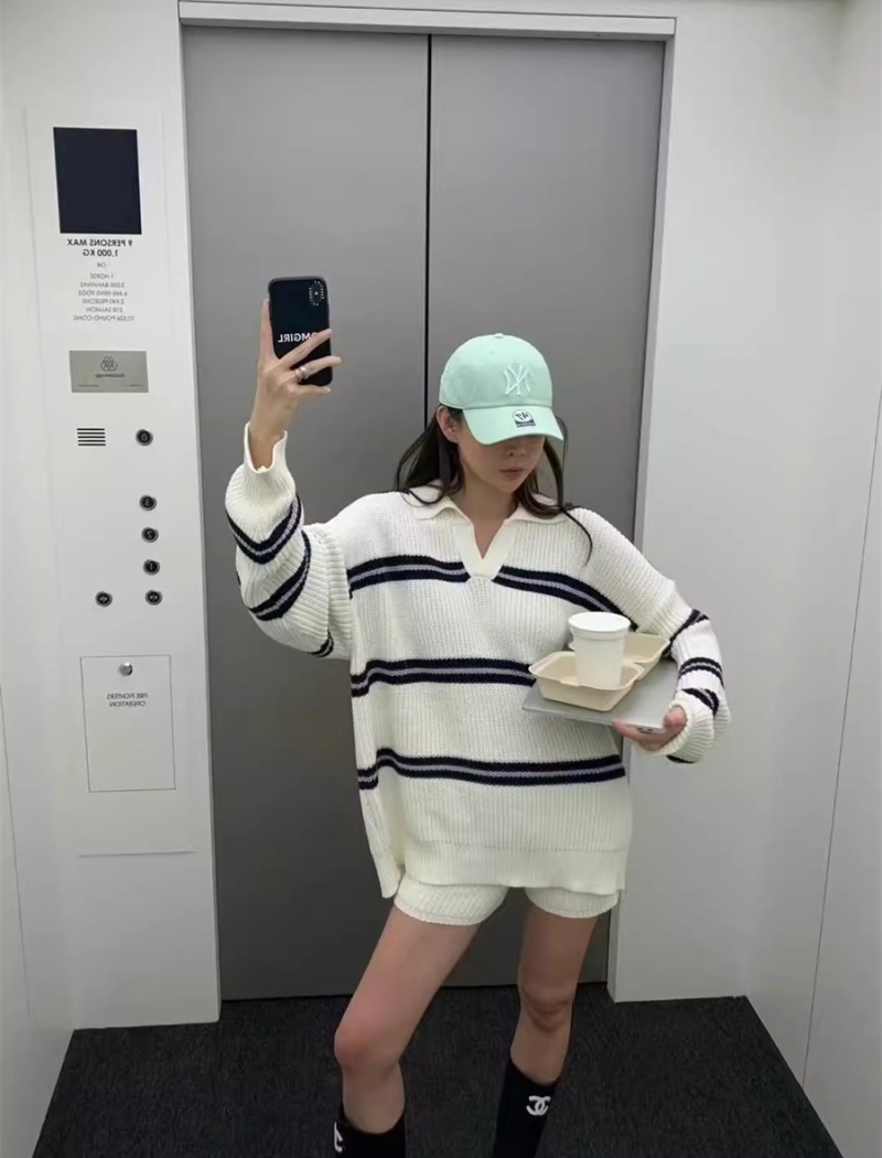 Retro stripe tops thick loose sweater 2pcs set