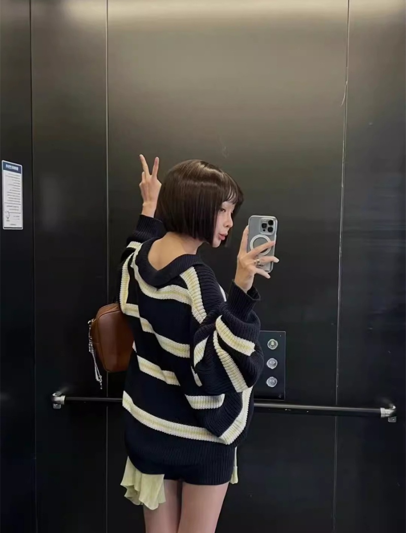 Retro stripe tops thick loose sweater 2pcs set