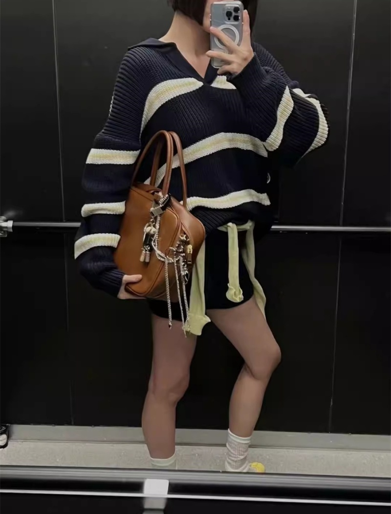 Retro stripe tops thick loose sweater 2pcs set