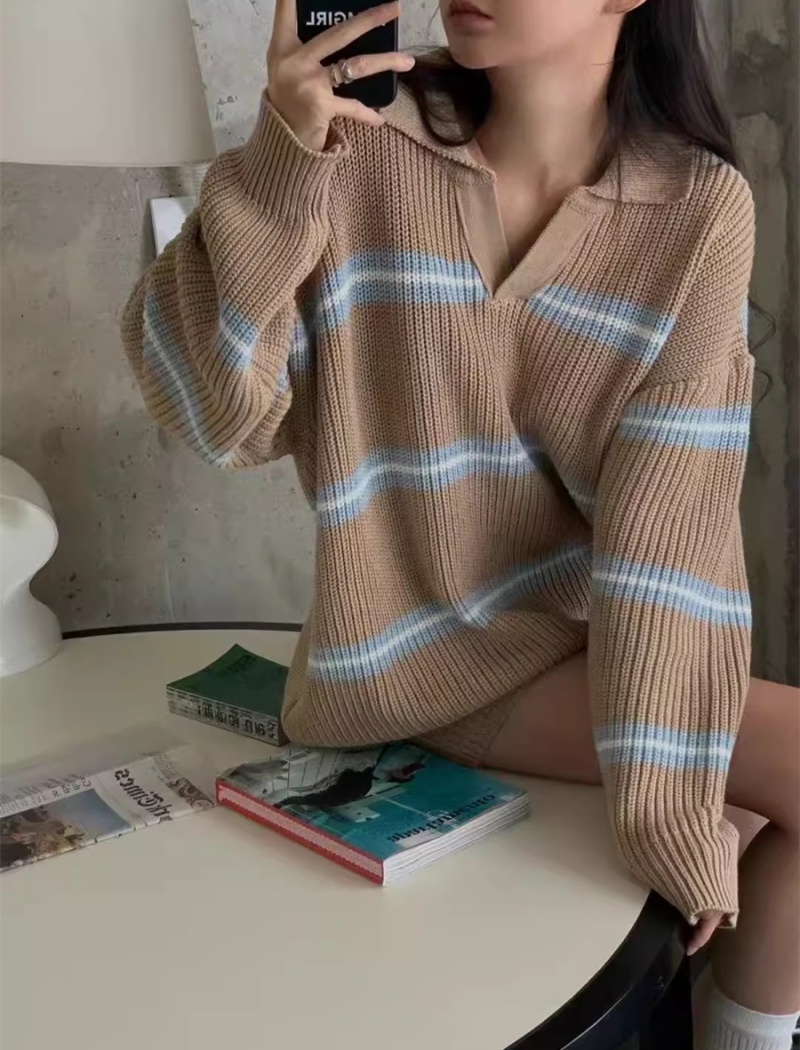 Retro stripe tops thick loose sweater 2pcs set