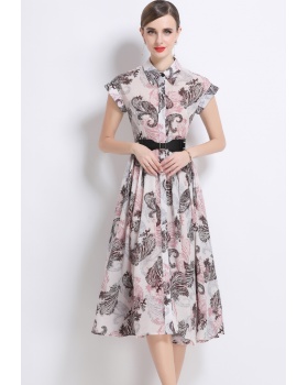 Printing short sleeve dress summer with belt shirt