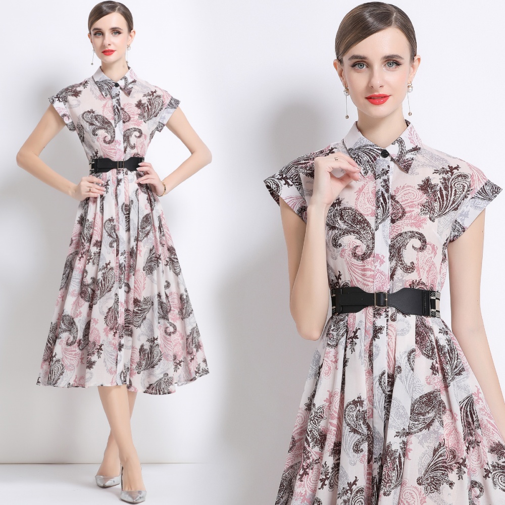 Printing short sleeve dress summer with belt shirt