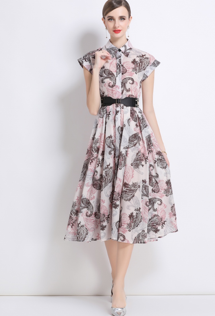 Printing short sleeve dress summer with belt shirt