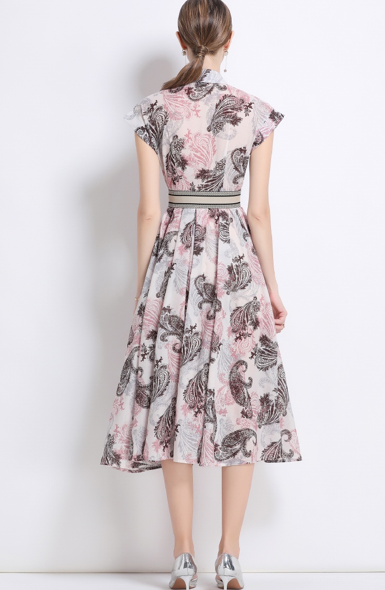 Printing short sleeve dress summer with belt shirt