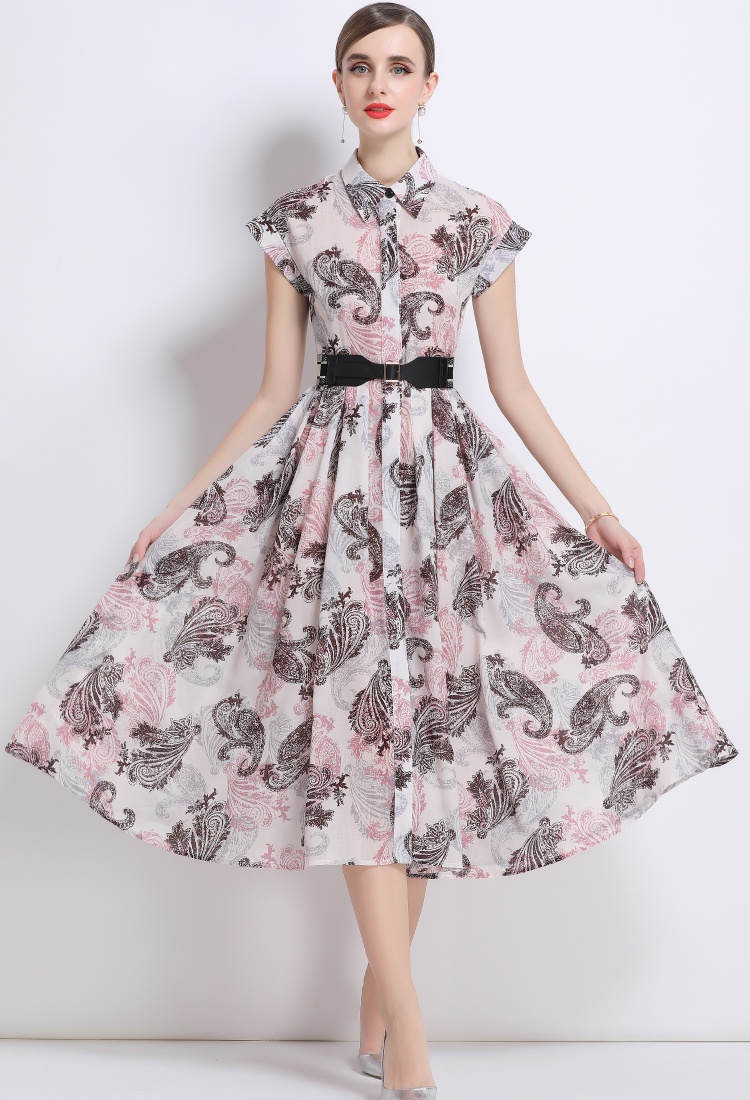 Printing short sleeve dress summer with belt shirt