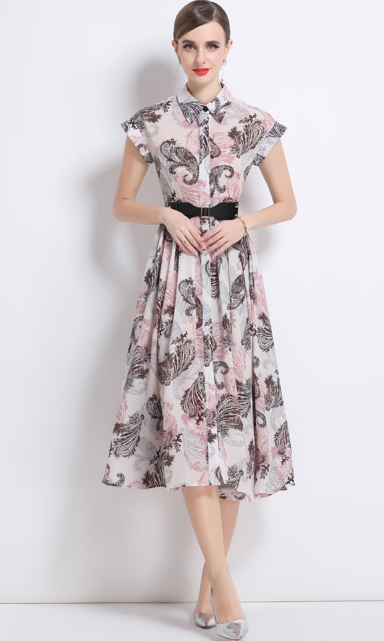 Printing short sleeve dress summer with belt shirt
