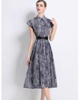 Printing short sleeve shirt summer with belt dress