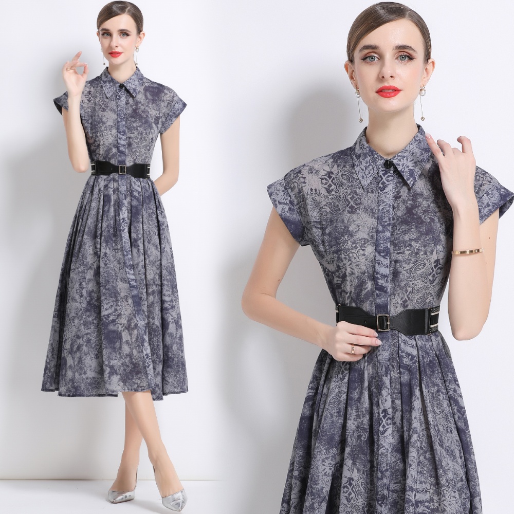 Printing short sleeve shirt summer with belt dress