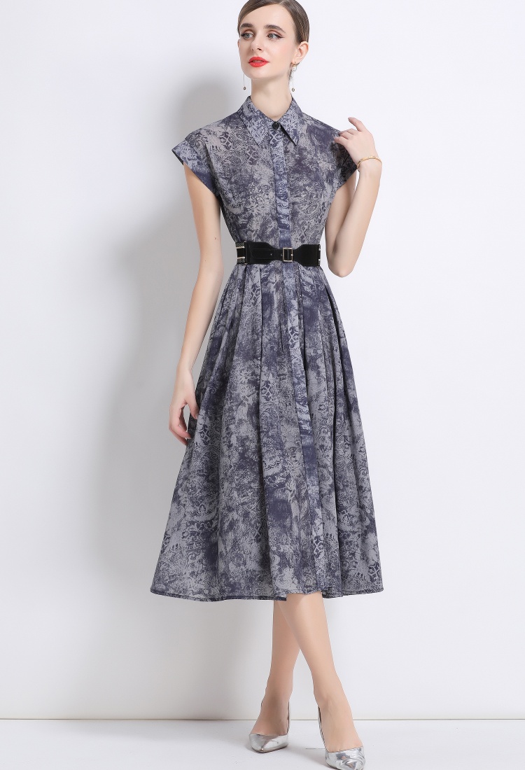 Printing short sleeve shirt summer with belt dress