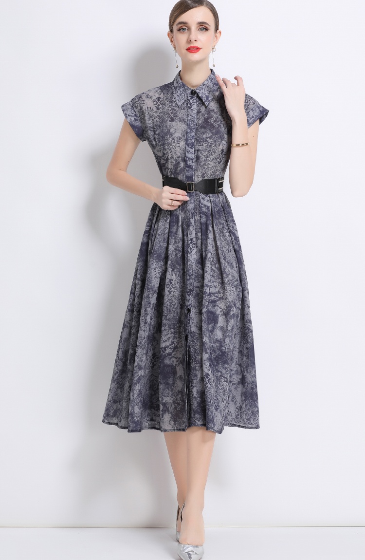 Printing short sleeve shirt summer with belt dress