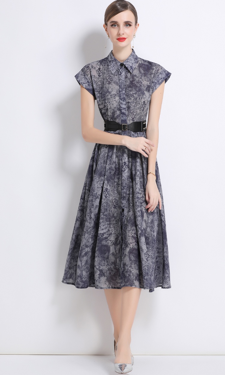 Printing short sleeve shirt summer with belt dress