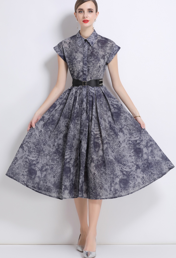 Printing short sleeve shirt summer with belt dress