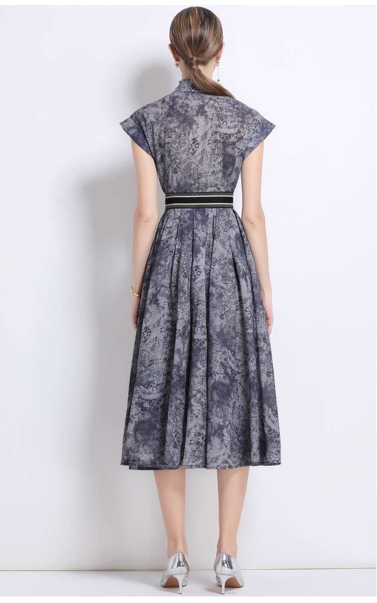 Printing short sleeve shirt summer with belt dress