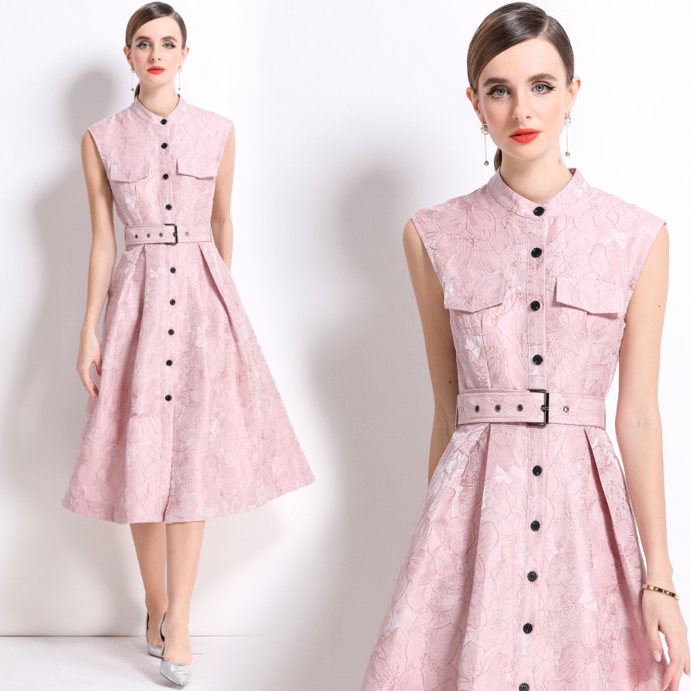 Elegant big skirt dress jacquard with belt long dress for women