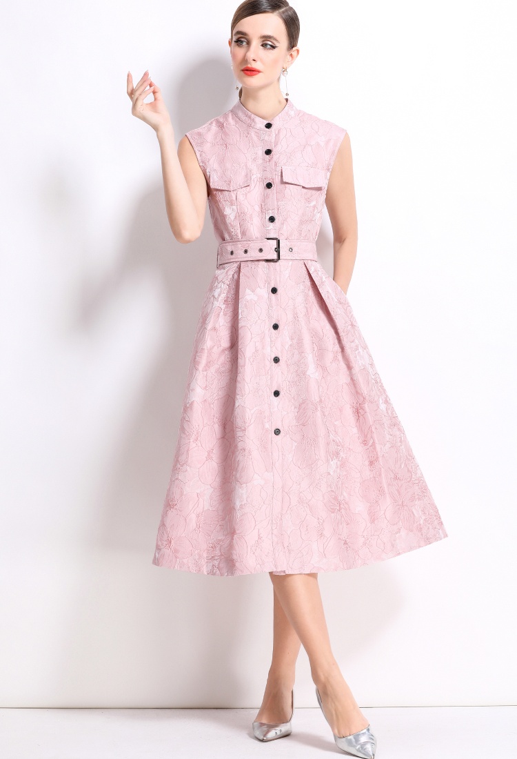 Elegant big skirt dress jacquard with belt long dress for women