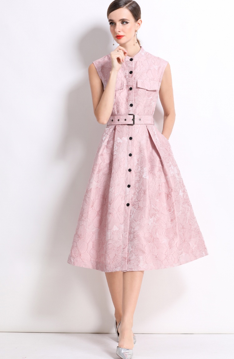 Elegant big skirt dress jacquard with belt long dress for women