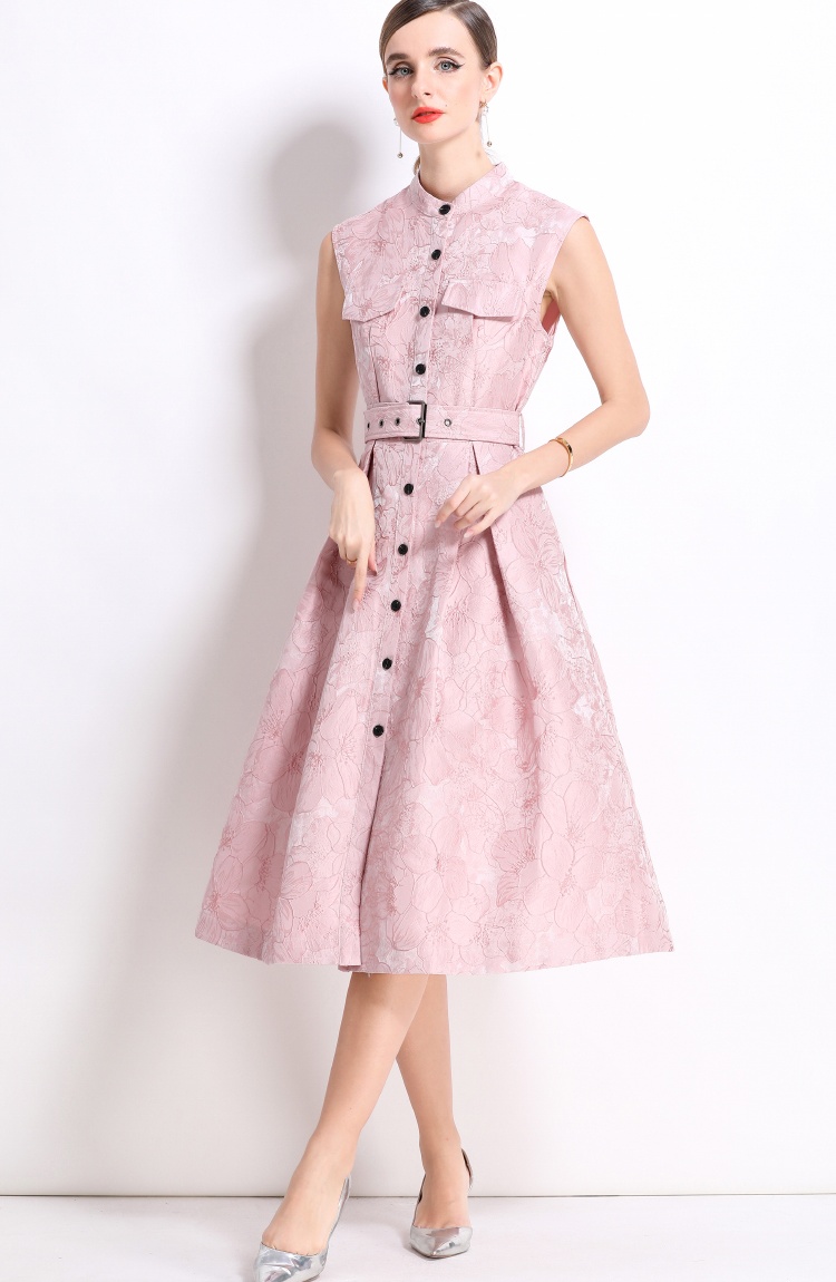 Elegant big skirt dress jacquard with belt long dress for women
