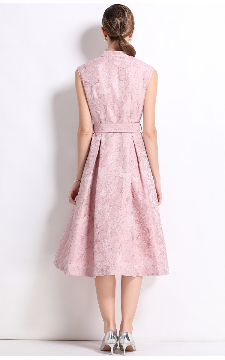 Elegant big skirt dress jacquard with belt long dress for women
