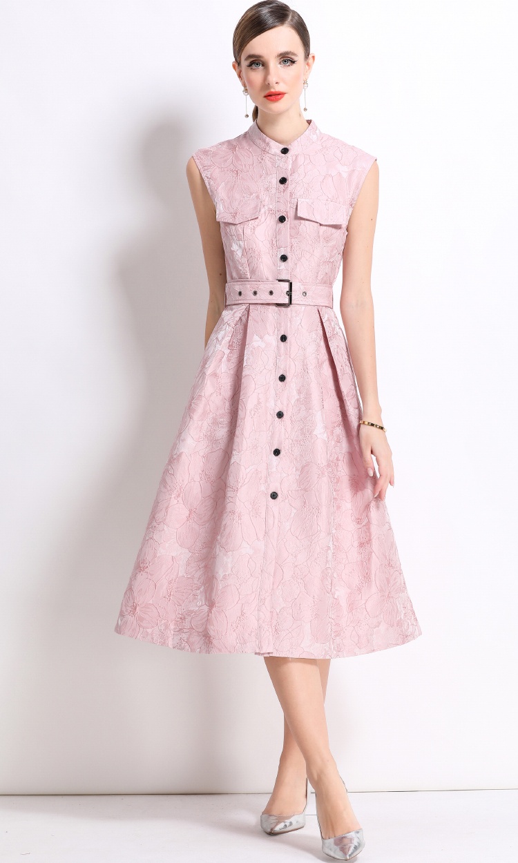 Elegant big skirt dress jacquard with belt long dress for women