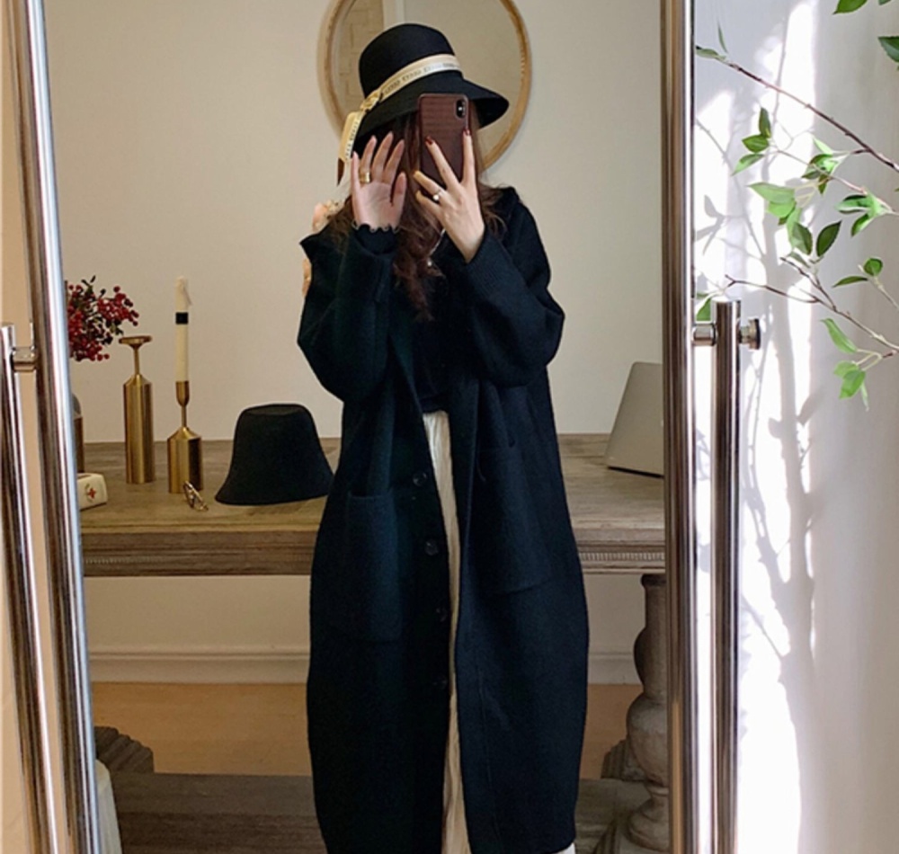 Loose lazy buckle cardigan knitted hooded sweater