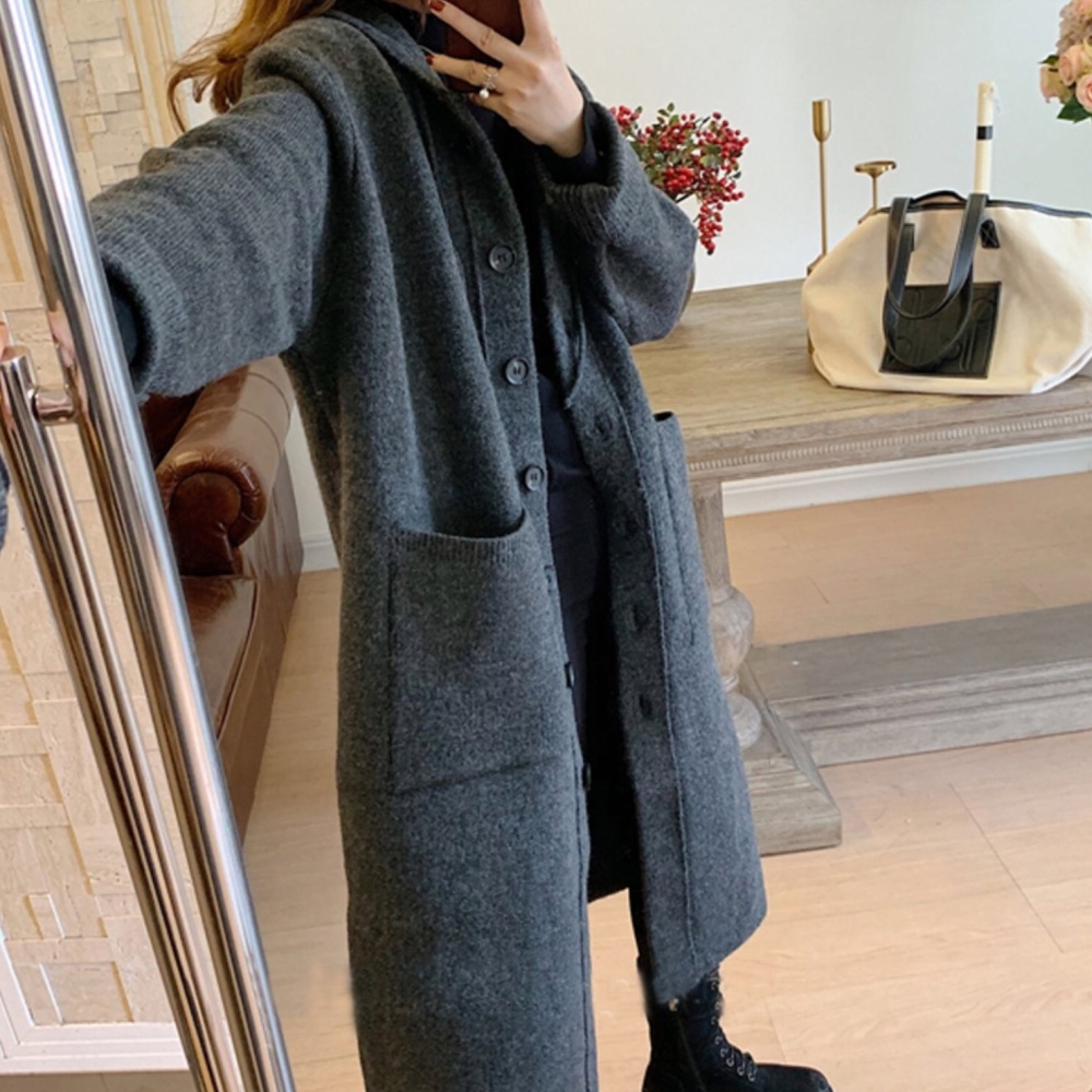 Loose lazy buckle cardigan knitted hooded sweater