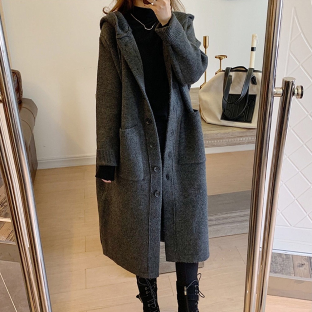 Loose lazy buckle cardigan knitted hooded sweater