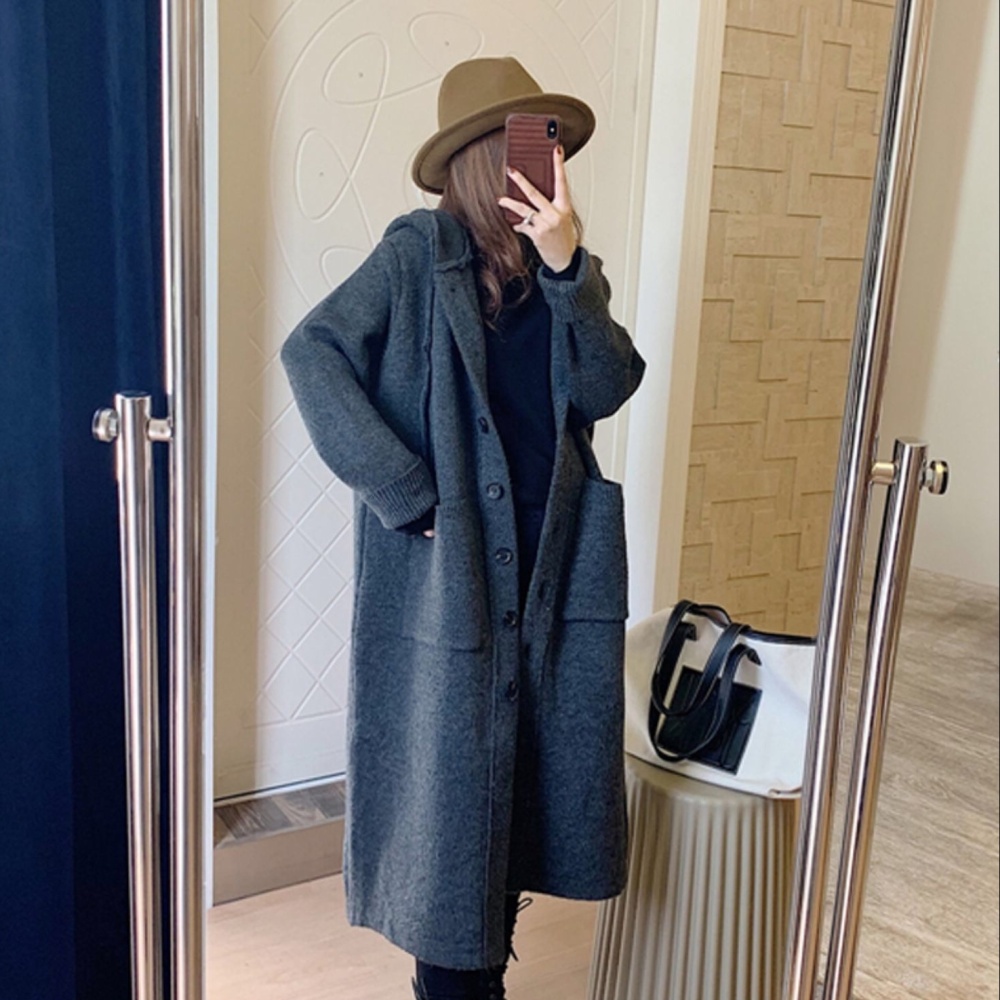 Loose lazy buckle cardigan knitted hooded sweater
