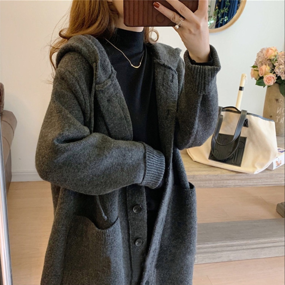 Loose lazy buckle cardigan knitted hooded sweater