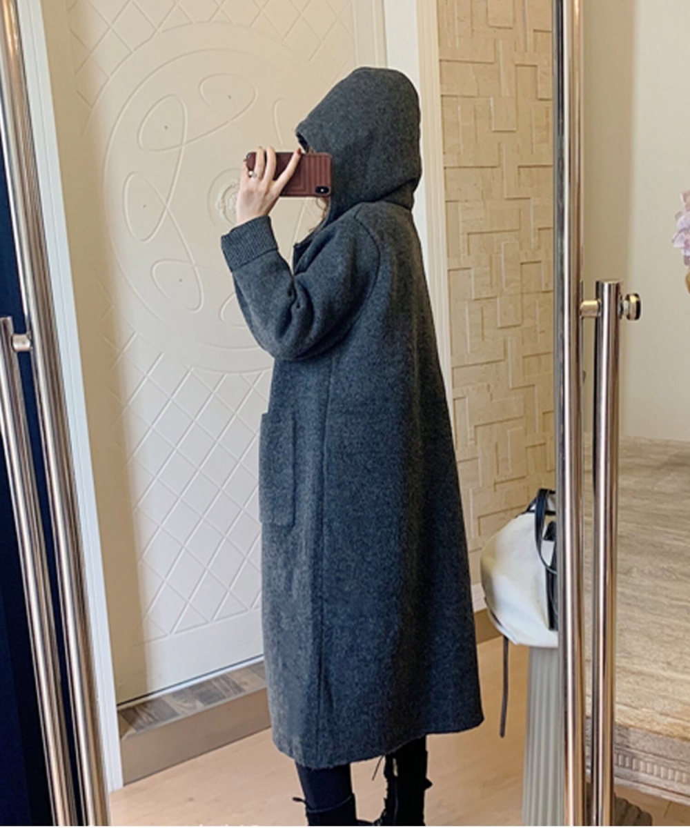 Loose lazy buckle cardigan knitted hooded sweater
